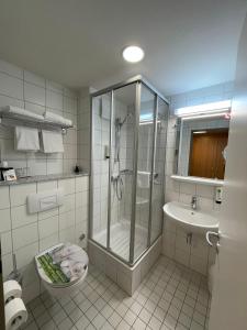 柏林马察恩公园酒店的带淋浴、卫生间和盥洗盆的浴室