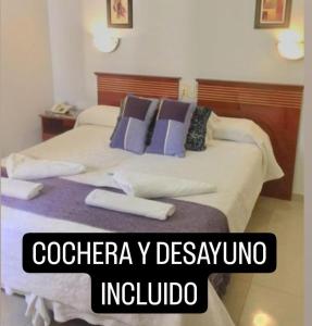 圣胡安Hotel Plaza San Juan的配有紫色枕头的床的酒店客房