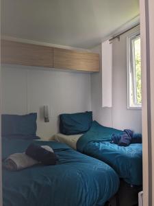 KropswoldeCozy Tiny SolHouse 7 - Near Groningen - 5 Star Location的一间卧室设有两张床和窗户。