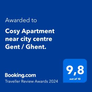 根特Cozy two bedroom Apartment near city centre Gent的手机的屏幕,带有文字升级到市中心附近的舒适公寓