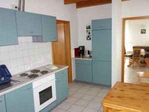 康斯坦茨Ferienwohnungen Böhme的厨房配有蓝色橱柜和炉灶烤箱。