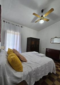 库拉布罗切罗镇Casa Regino的一间卧室配有一张带黄色枕头的床和吊扇。