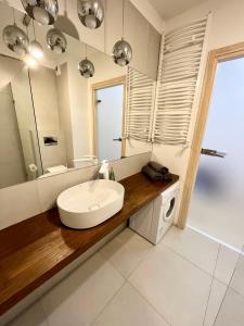 格但斯克Przytulna Apartment close to the airport and PKM的一间带水槽和镜子的浴室