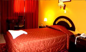 瓦拉斯Gran Hotel Alturas的酒店客房,配有床和红色窗帘