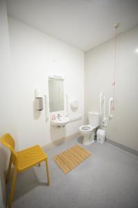 巴利纳Heyday Hostel Ballina的一间带卫生间、水槽和镜子的浴室
