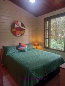 阿布拉奥Casa e kitnet Morada Aguiar - casa的一间卧室配有一张带绿色棉被的床和窗户。