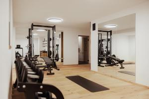 奥蒂塞伊Chalet Milé的健身房,配有一排跑步机和镜子