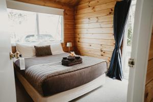哈海Tatahi Cove Back Packer的小木屋内一间卧室,配有一张床