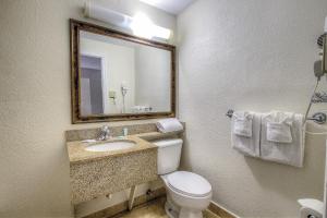 代托纳海滩La Bella Oceanfront Inn - Daytona的一间带卫生间、水槽和镜子的浴室