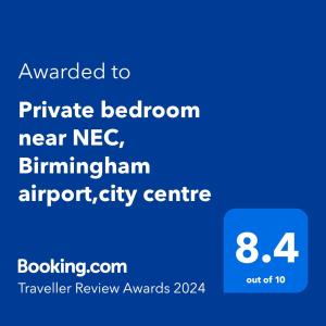 伯明翰Double size bedroom near NEC, Birmingham airport,city centre的手机屏幕的截图,文字升级到私人浴室,靠近necc