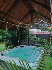 ChachaguaPitangus Lodge的植物凉亭内的露天热水浴池