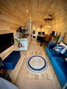 文斯福New Farm Cheshire Holidays的一间带蓝色沙发的客厅和一间厨房