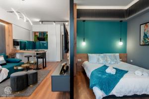 比托拉Four Seasons Luxury Apartment的一间拥有蓝色墙壁的卧室、一张床和一间客厅