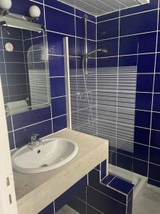 Saint-Marcellin-lès-VaisonHôtel La Pinède的蓝色瓷砖浴室设有水槽和淋浴
