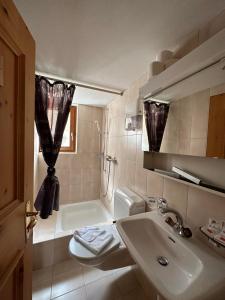 马洛亚Hotel Ristorante Lagrev的浴室配有盥洗盆、卫生间和浴缸。