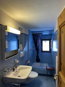 马洛亚Hotel Ristorante Lagrev的蓝色的浴室设有水槽、卫生间和浴缸。