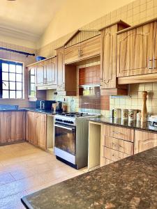 内罗毕Westlands Escape-Homestay的一个带木制橱柜和炉灶的大厨房