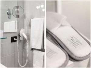 米兰纽约杜查迪大酒店的浴室的两张照片,配有电话和毛巾
