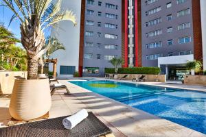 伊瓜苏维达黄金套房酒店的一座游泳池,旁边是一座棕榈树