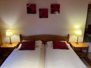 维尔德斯韦尔Historic Hotel Steinbock的一间卧室配有两张单人床和两盏灯。