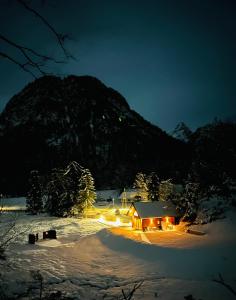 莫斯特拉纳Radovna Chalet with Panoramic View的雪中小屋,晚上与山一起