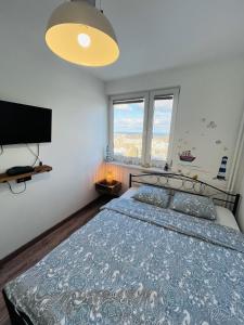 索波特Apartament Karlikowska z widokiem na morze的一间卧室配有一张床和一台平面电视