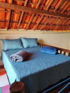 蒙蒂达斯加梅莱拉斯Caridade Loft的一张带蓝色床单和枕头的床