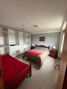 乌斯怀亚Ushuaia aparts Depto 2的一间卧室配有一张大床和一张红色毯子