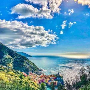 韦尔纳扎La Polena Camere Vernazza - Suite vista mare的享有水边小山上的城镇景色