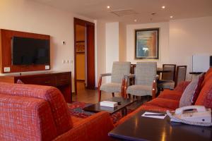 亚历山大亚历山大托里普酒店的客厅配有沙发、椅子和电视