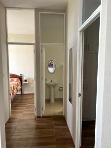 塔拉波托Confortable Departamento Nuevo的走廊上设有带水槽和床的浴室