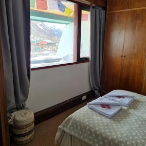 洛斯佩妮滕特斯Departamento en Lomas Blancas, Penitentes的客房设有床和带毛巾的窗户。