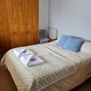 洛斯佩妮滕特斯Departamento en Lomas Blancas, Penitentes的一间卧室配有一张床,上面有两条毛巾