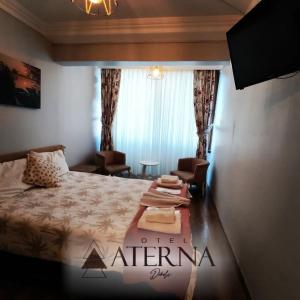 迪基利ATERNA HOTEL的酒店客房带一张床、一张桌子和椅子