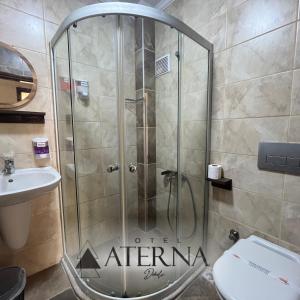 迪基利ATERNA HOTEL的带淋浴的浴室(带卫生间和水槽)