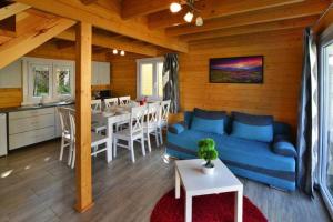 尤斯托尼莫斯基Holiday resort with Pool Whirlpool Sauna Ustronie Morskie的一间带蓝色沙发的客厅和一间厨房