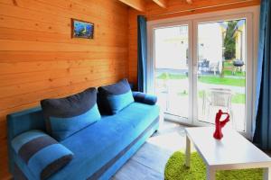 尤斯托尼莫斯基Holiday resort with Pool Whirlpool Sauna Ustronie Morskie的窗户客房内的蓝色沙发