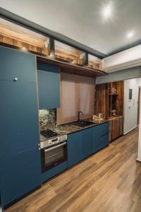 塞萨洛尼基INDIVIDUALliving3的一间设有蓝色橱柜和炉灶的大厨房