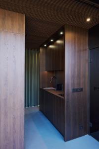 柏林Spreeapartment LUNA的一个带木制橱柜和水槽的厨房