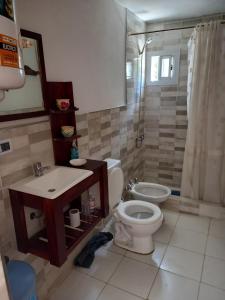 维拉帕尔克西基曼MIRADOR DEL LAGO - La Vista的浴室配有卫生间、盥洗盆和淋浴。