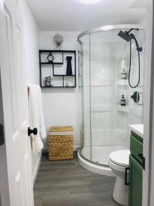哈得逊10515 Houston Avenue的带淋浴和卫生间的白色浴室