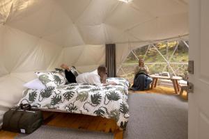 锡谢尔特Stay Wilder Sunshine Coast的躺在帐篷里的床上的妇女