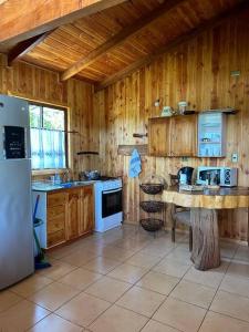 里坎雷Cabaña Flor de Lican的厨房配有木制橱柜和白色冰箱。