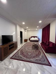 塞拉莱بيت السلطانة للأجنحة الفندقية的带沙发和电视的大型客厅