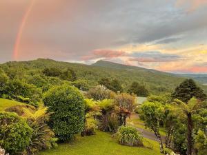 TuaiThe Lake House at Waikaremoana的树花园上方的天空彩虹