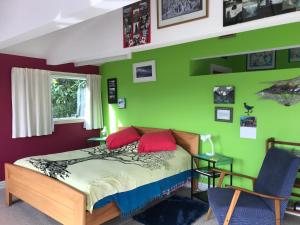 但尼丁Piringa的一间卧室设有绿色的墙壁和一张带红色枕头的床