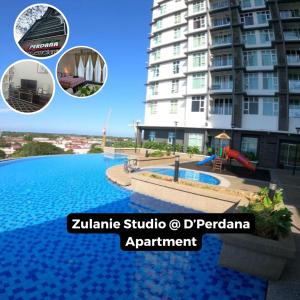 哥打巴鲁Zulanie Studio at D'Perdana Apartment, Spacious and Cozy Studio with POOL, Free Wifi & Netflix的大楼前设有游泳池的酒店