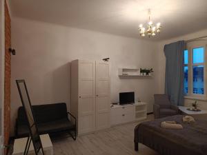 比得哥什Kamienica Nowodworska 30的一间卧室配有一张床、一把椅子和电视