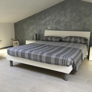 卢卡L olivo的一间卧室配有一张带条纹毯子的大床