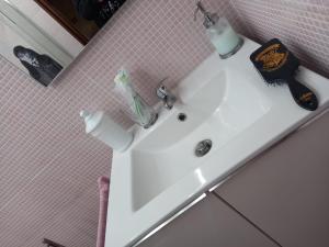 布拉恰诺Il Paiolo Incantato的浴室设有粉红色瓷砖,配有白色水槽。